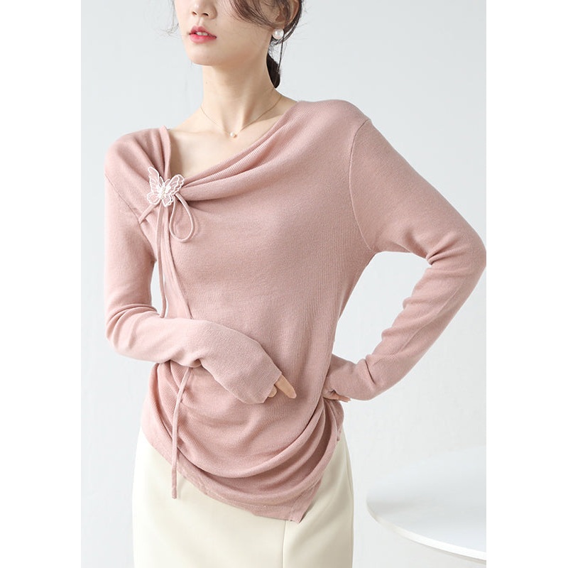French Pink Asymmetrical Wrinkled Knit top Spring