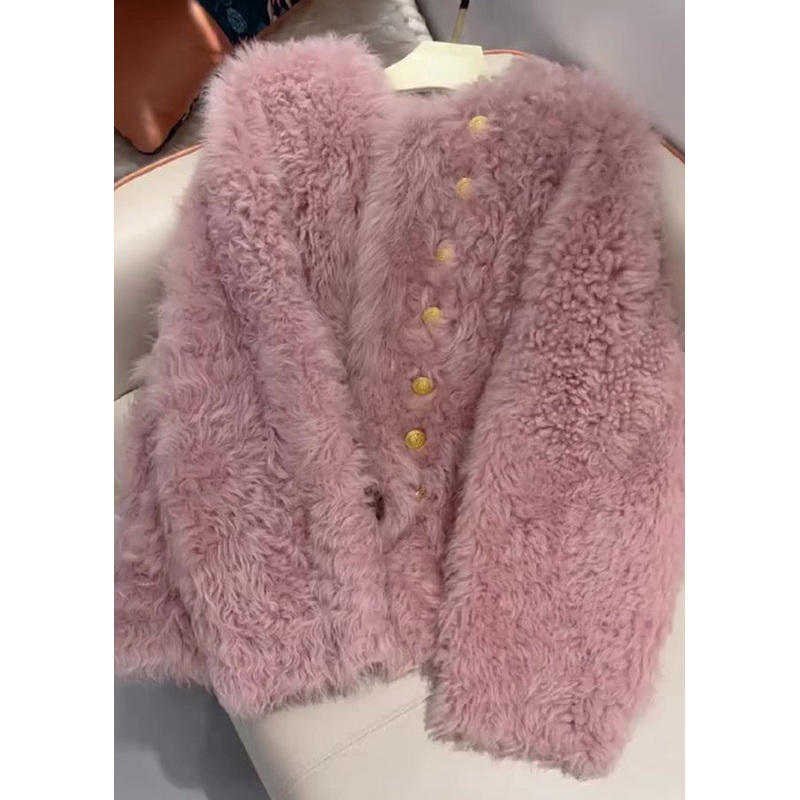 French Pink O-Neck Button Faux Fur Coats Spring