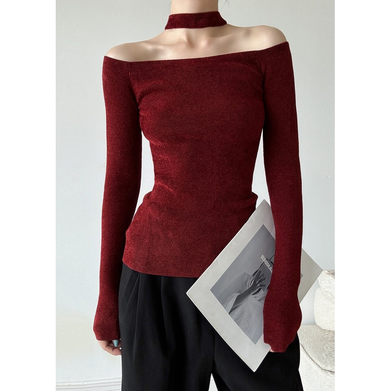 French Red Cold Shoulder Halter Knit Sweaters Spring