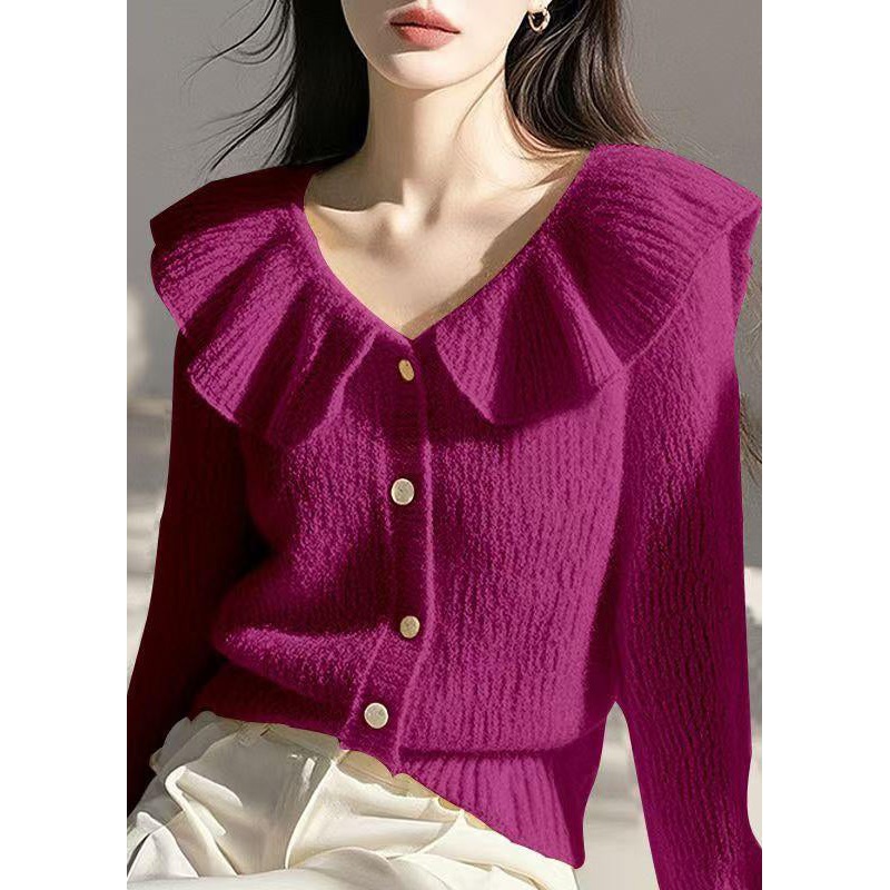 French Rose Ruffled Button Knit Cardigan Spring