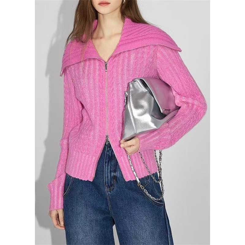 French Rose Zip Up Patchwork Woolen Loose Coat Spring