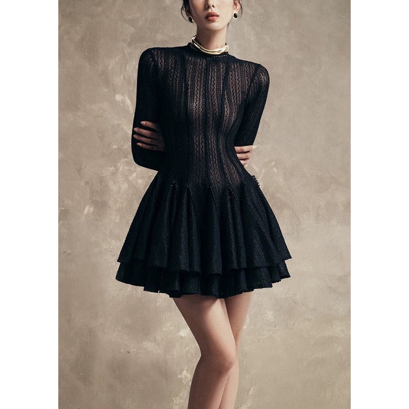 French Slim Fit Black O Neck Wrinkled Lace Mid Dress Spring