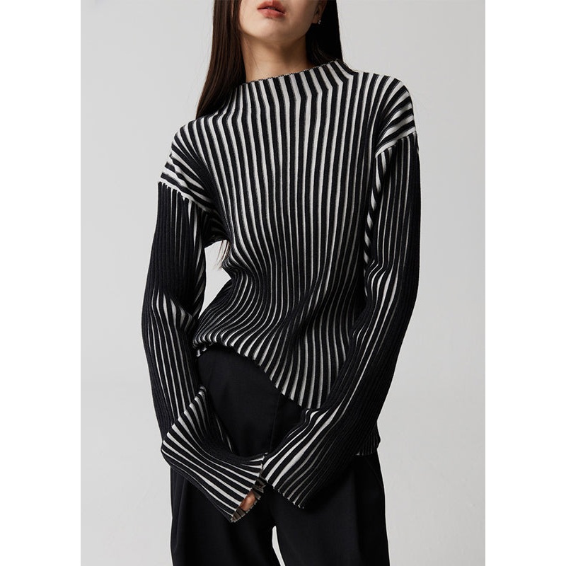 French Striped Stand Collar Patchwork Knit Top Long Sleeve