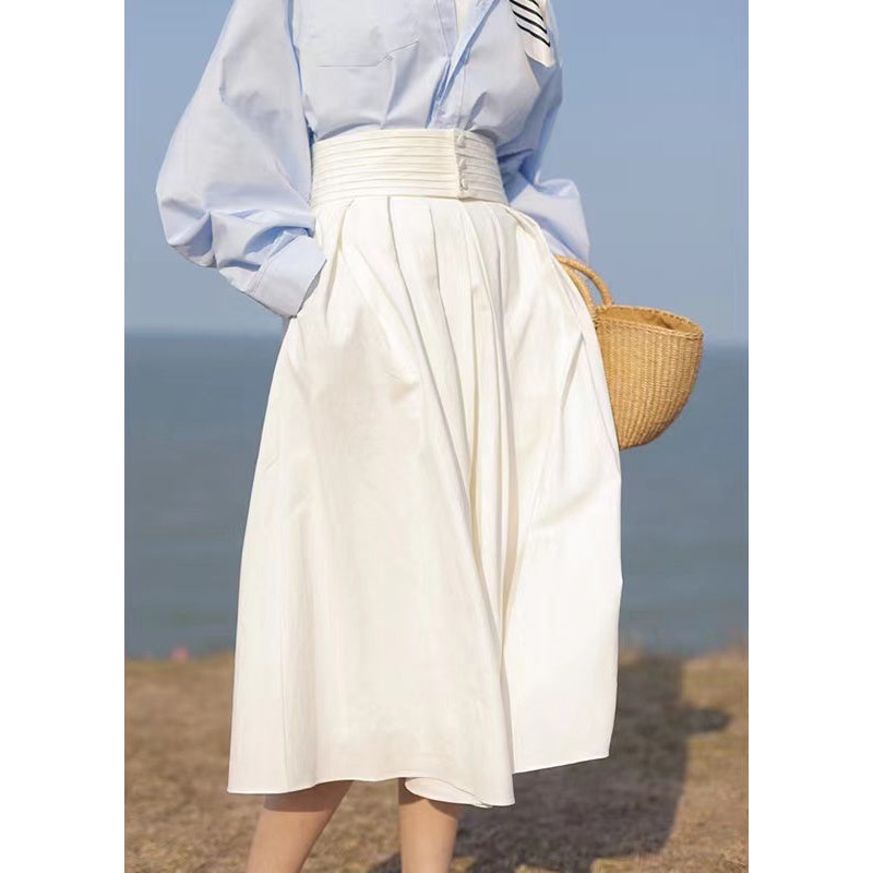 French White High Waist Pockets Patchwork Cotton Skirt Fall