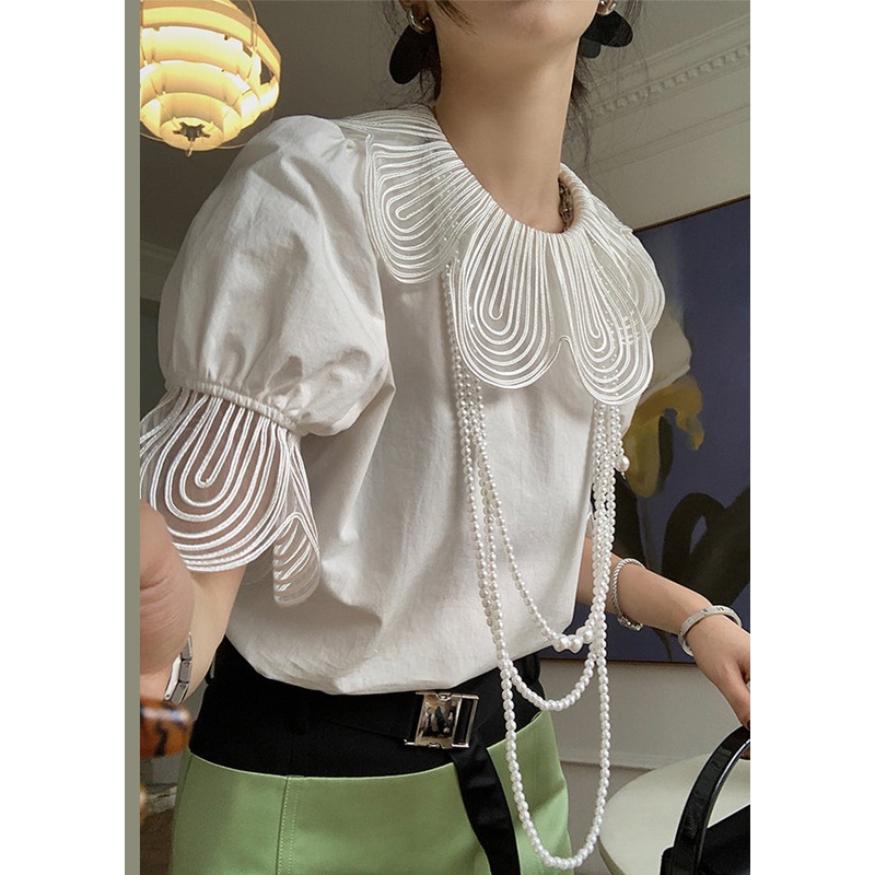 French White O Neck Patchwork Cotton T Shirt Top Summer