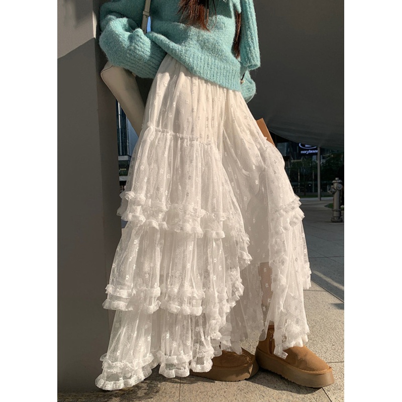 French White Ruffled High Waist Lace Skirts Spring