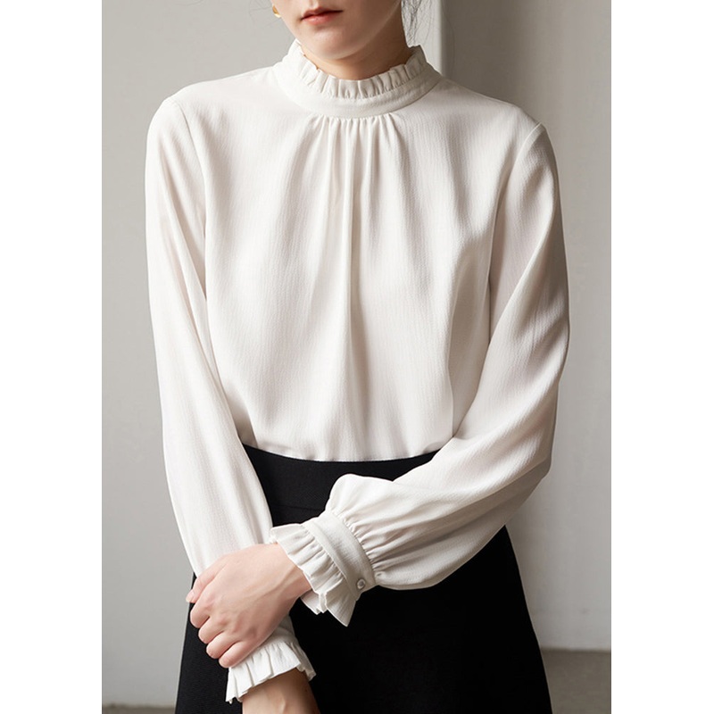 French White Ruffled Patchwork Chiffon Top Long Sleeve
