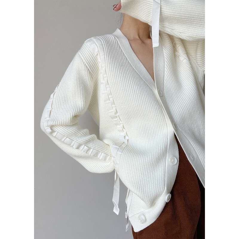 French White V Neck Button Knit Woolen Cardigans Spring