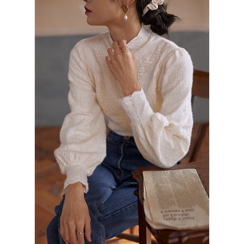 Italian Beige Hollow Out Lace Warm Fleece Top Long Sleeve