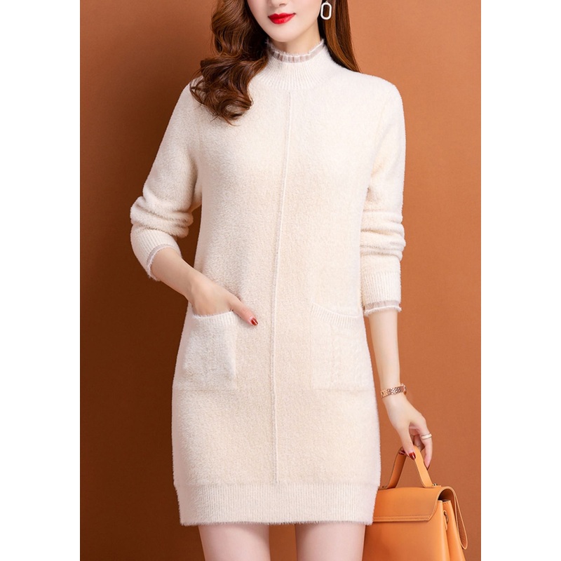 Italian Beige Pockets Mink Hair Knitted Warm Fleece Dress Spring