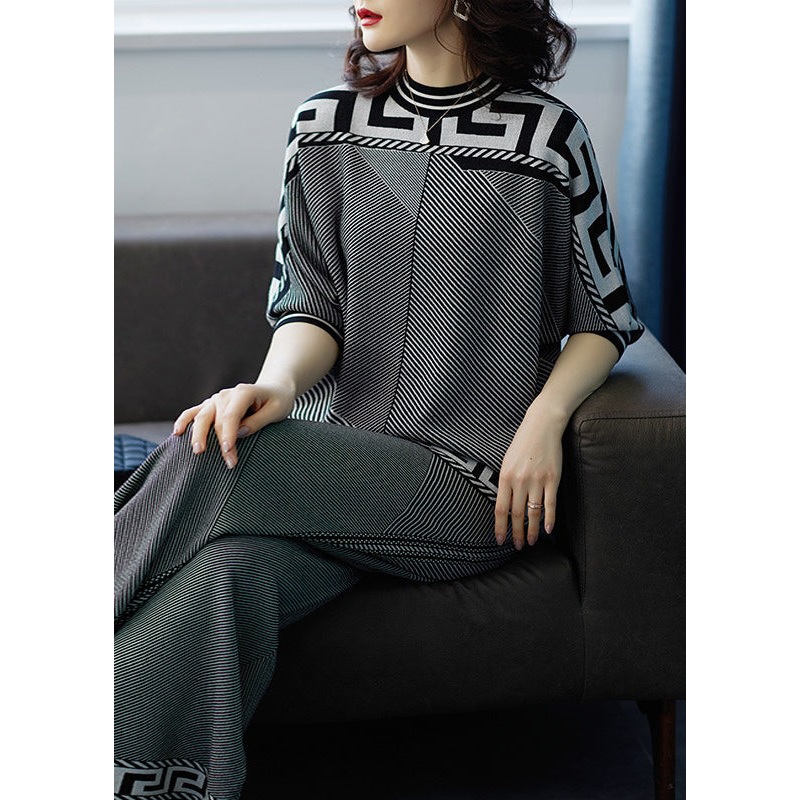 Italian Grey Tops And Pants Striped Knit Two-Piece Set Spring