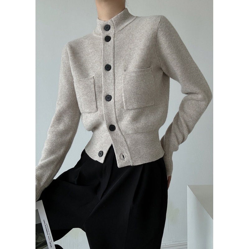 Italian Light Grey Stand Collar Button Wool Cardigans Spring