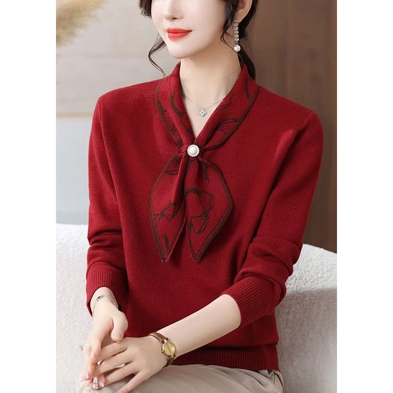 Italian Red Bow Thick Knitted Sweaters Tops Spring