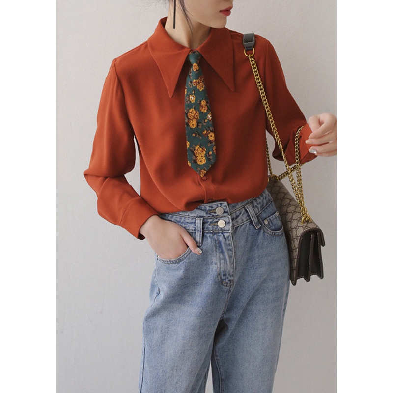 Italian Rust Solid Button Chiffon Blouses Long Sleeve