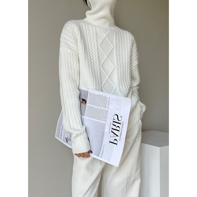 Italian White Hign Neck Cable Knit Sweaters Spring