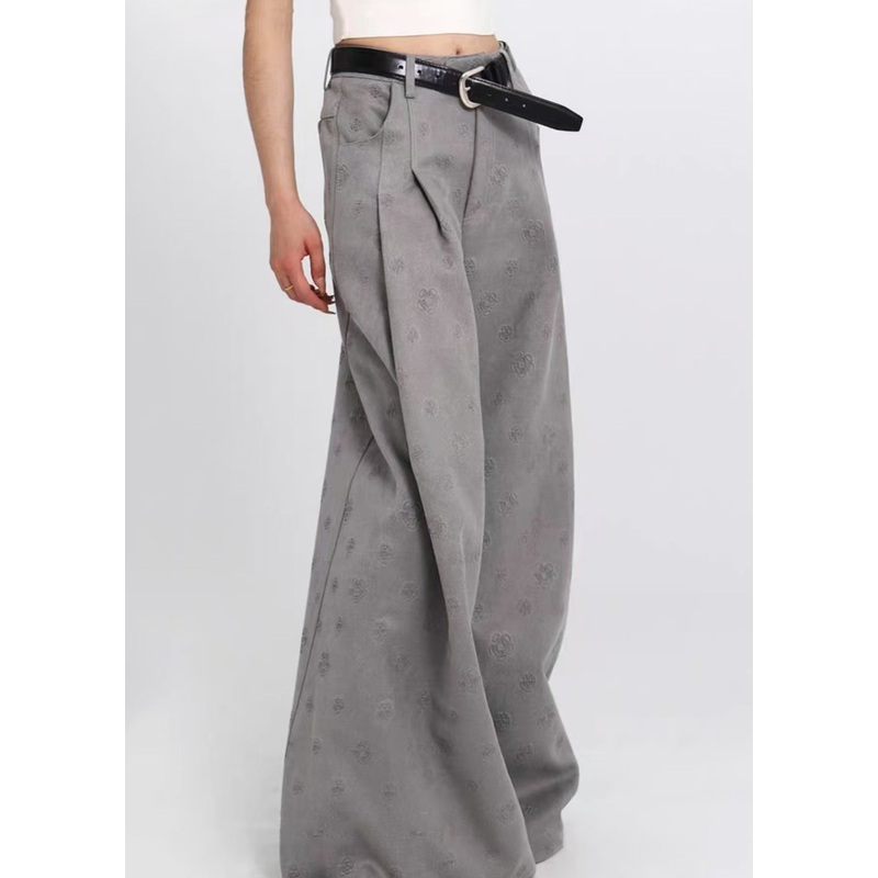 Jacquard Grey Pockets High Waist Cotton Wide Leg Pants Spring
