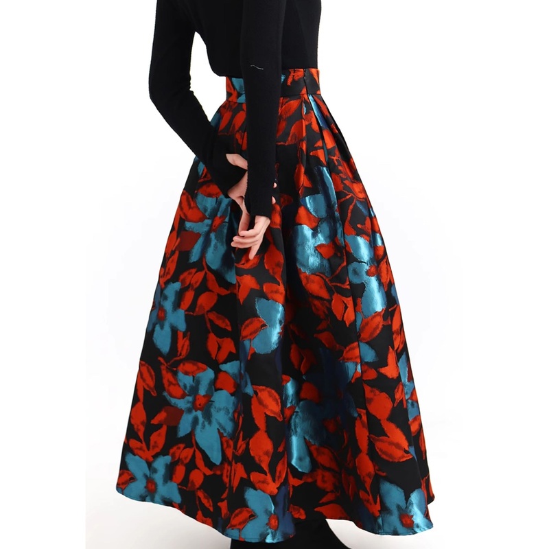 Jacquard Pockets High Waist Cotton Maxi Skirts Spring
