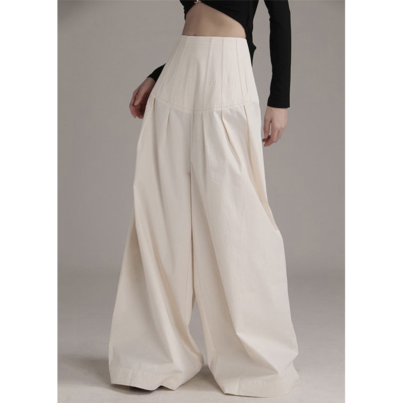 Loose Beige Zippered High Waist Cotton Wide Leg Pants Spring