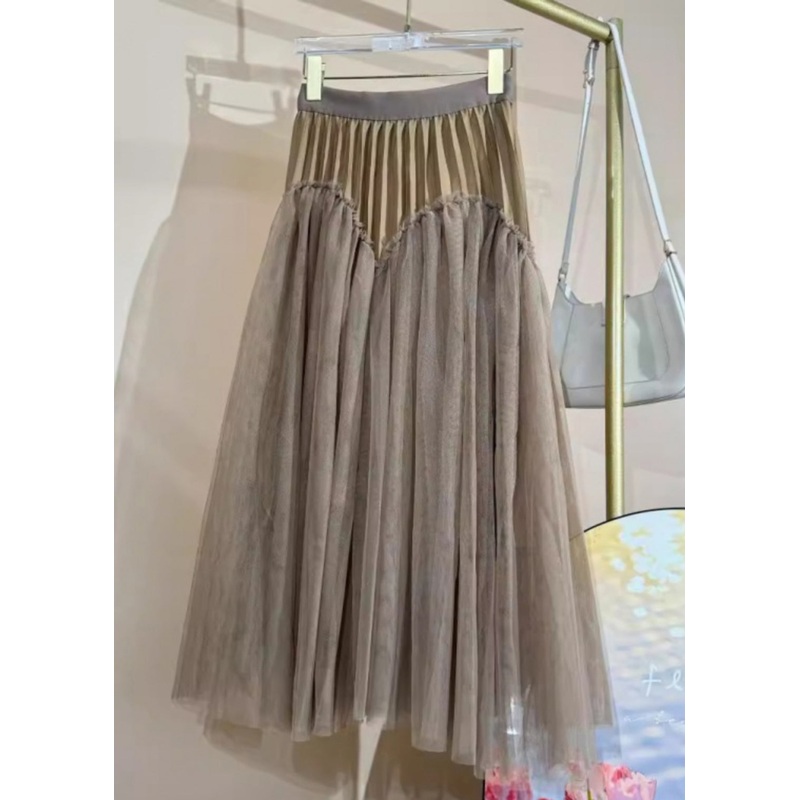 Loose Khaki Ruffled Side Open Tulle Skirt Spring