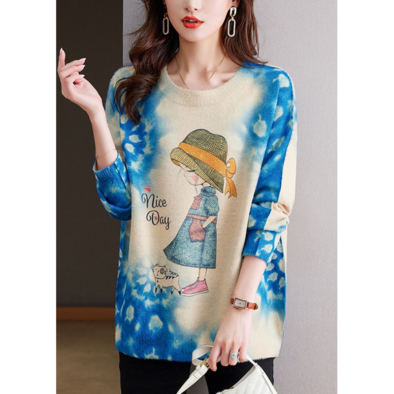 Loose Yellow O Neck Print Woolen Knitted Tops Spring
