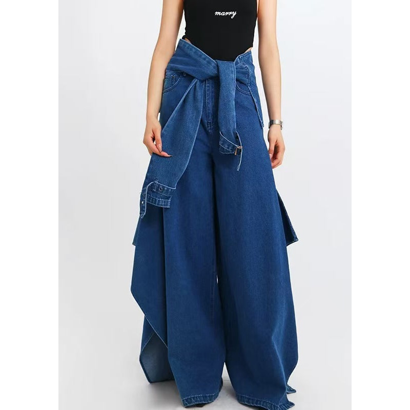 Modern Blue Original Design Lace Up Denim Wide Leg Pants Spring