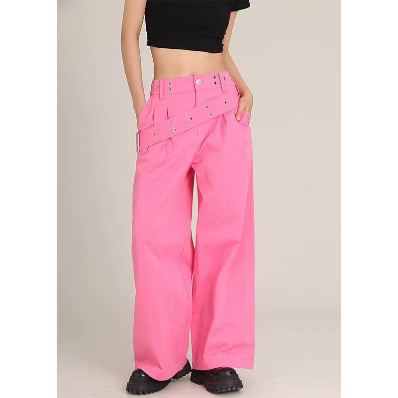 Modern Rose Asymmetrical Pockets High Waist Cotton Pants Spring