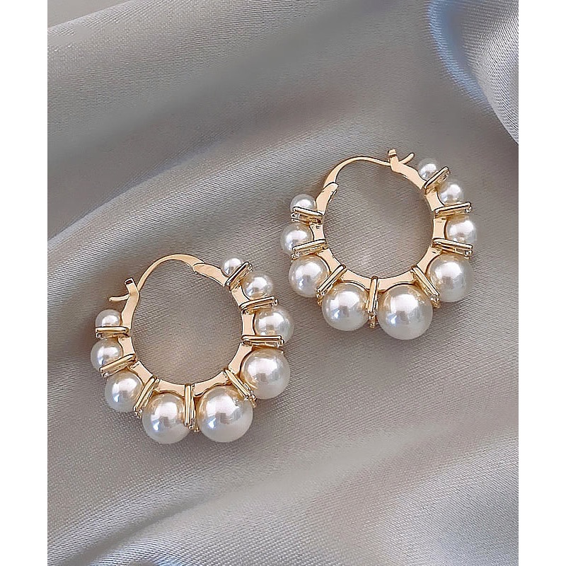 Modern White Copper Alloy Pearl Hoop Earrings