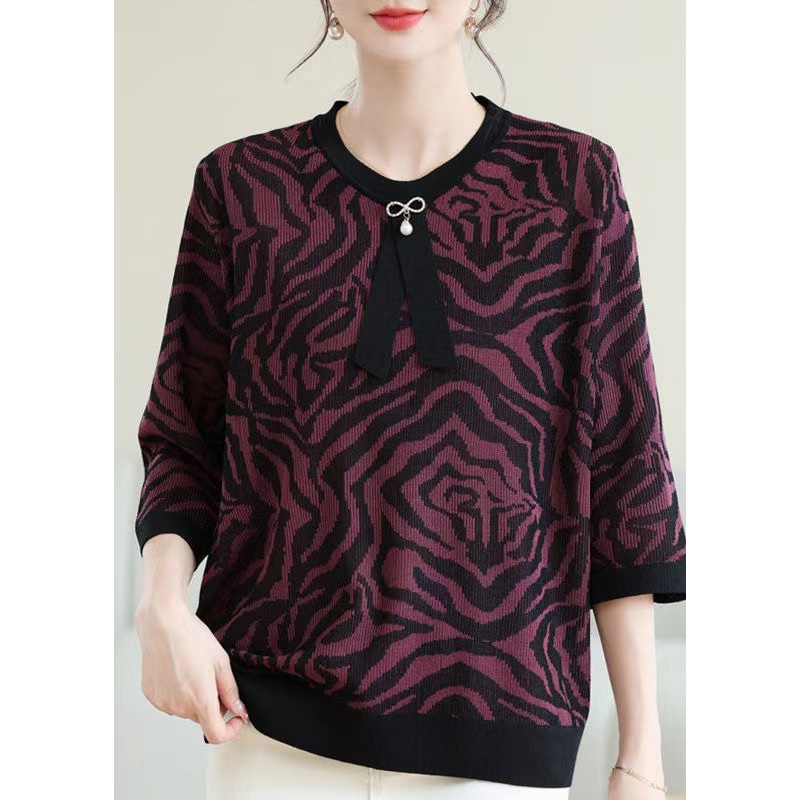 Natural Purple O Neck Print Ice Silk Knit Tops Bracelet Sleeve