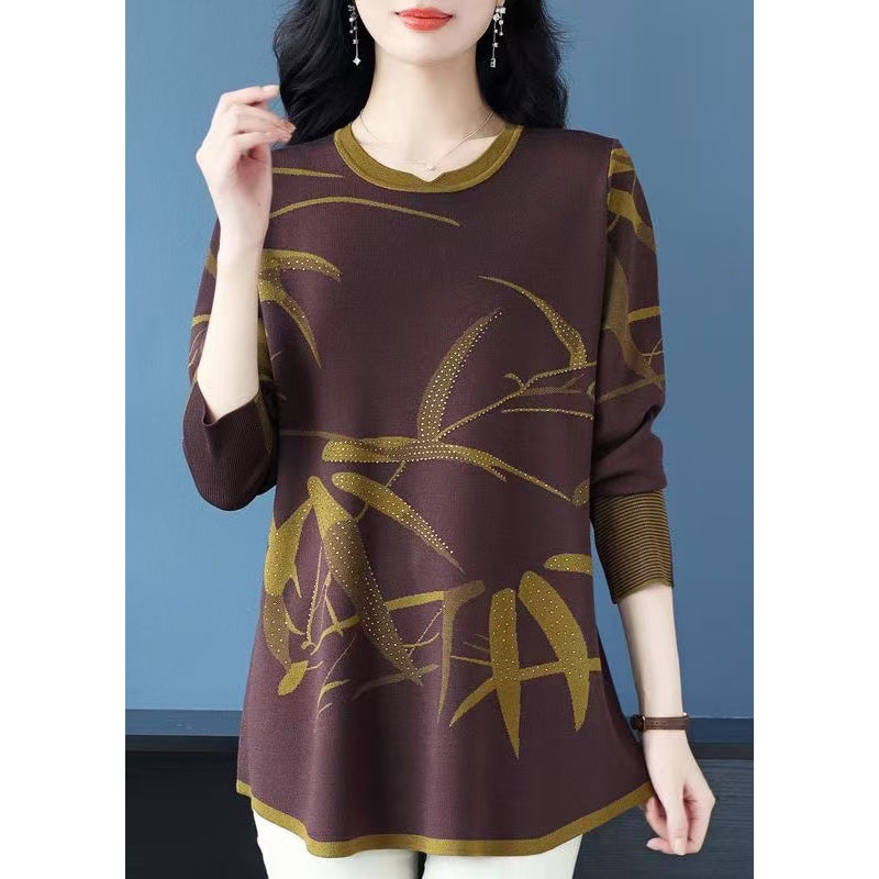 New Coffee O-Neck Print Zircon Knit Sweaters Spring