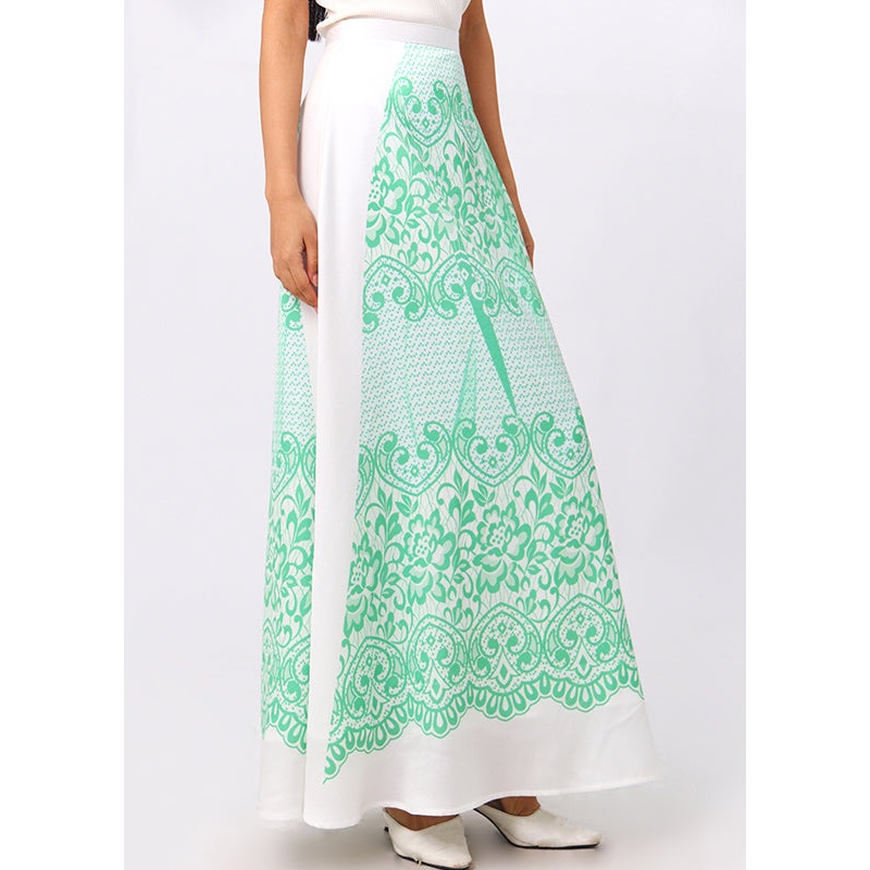 New Green Print High Waist Silk Maxi Skirts Summer