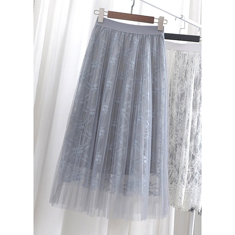 New Grey Lace Elastic Waist Tulle Pleated Skirt Spring