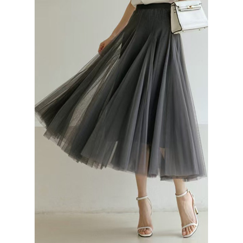 New Grey Solid High Waist Tulle Pleated Skirt Summer
