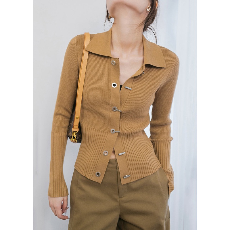 New Khaki Peter Pan Collar Button Patchwork Knit Shirt Tops Fall