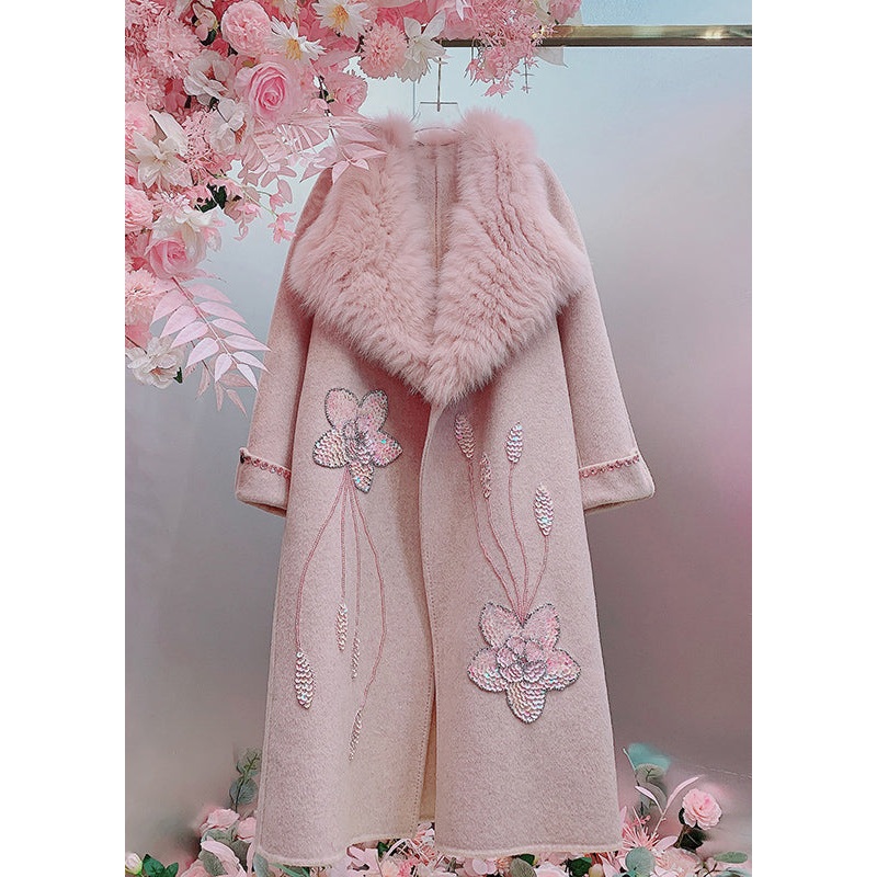 New Pink Fur Collar Sequins Nail Bead Wool Coat Spring