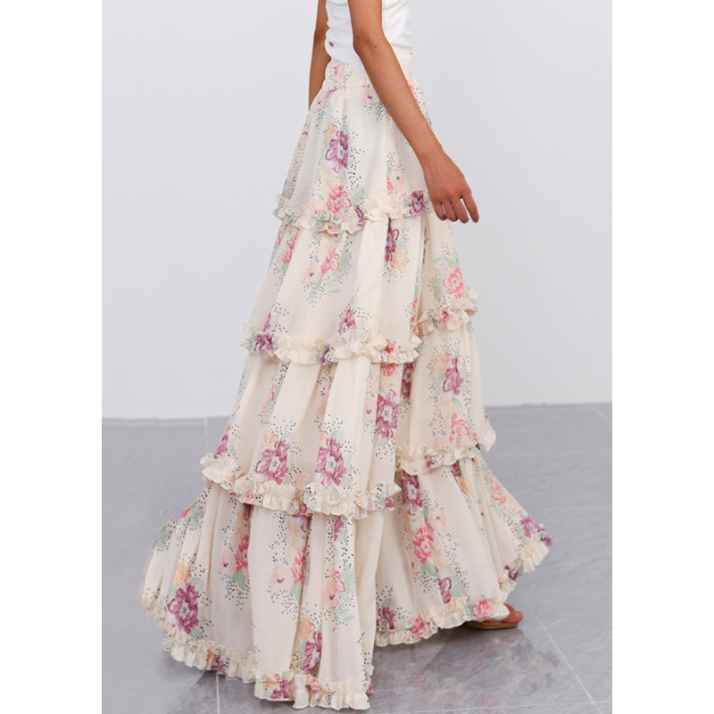 New Print Zippered Ruffled Cotton Maxi Skirts Summer
