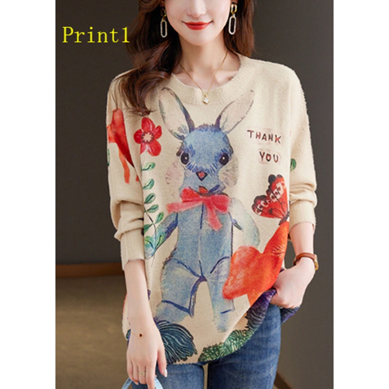 Organic O Neck Print Woolen Knit Pullover Spring