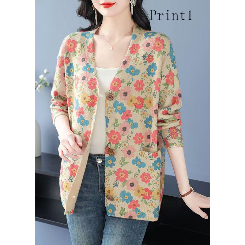 Organic V Neck Print Pockets Woolen Cardigan Spring