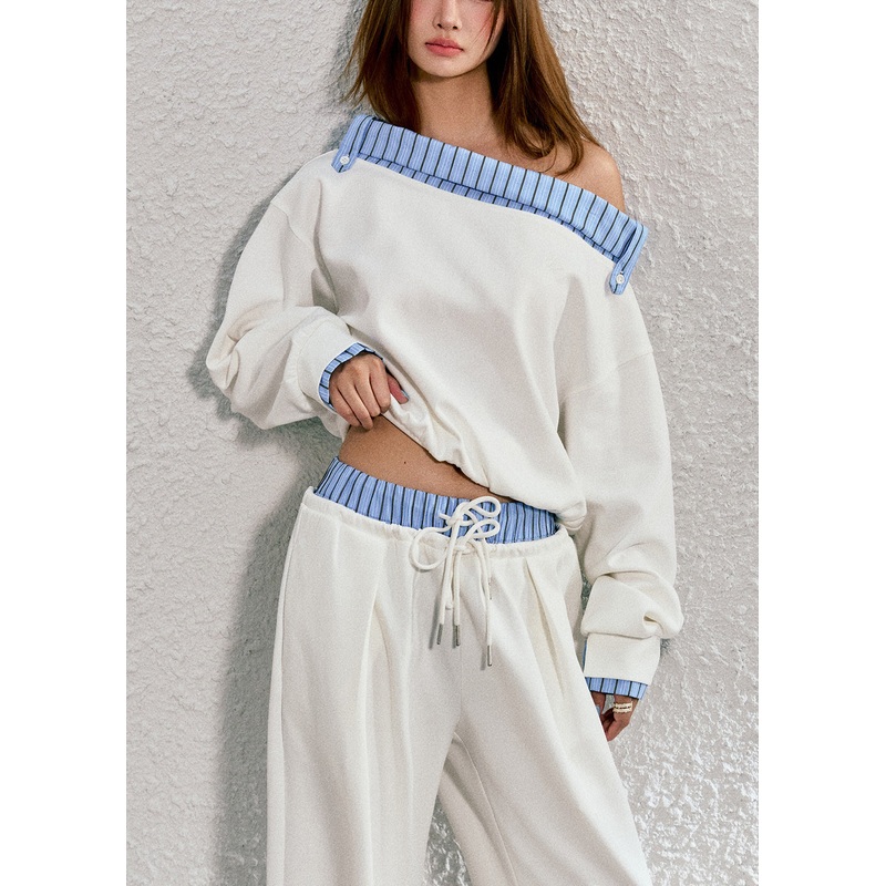 Original Striped Lapel Sloping Shoulder Sweatshirt And Pants Set Spring