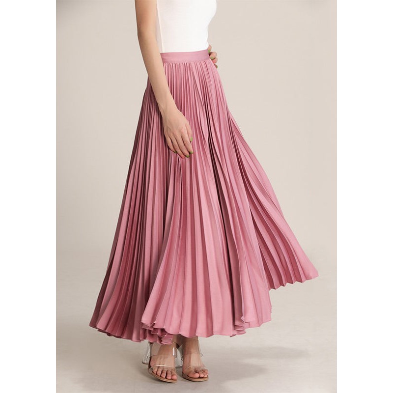 Pink Solid High Waist Silk Pleated Skirt Zippered