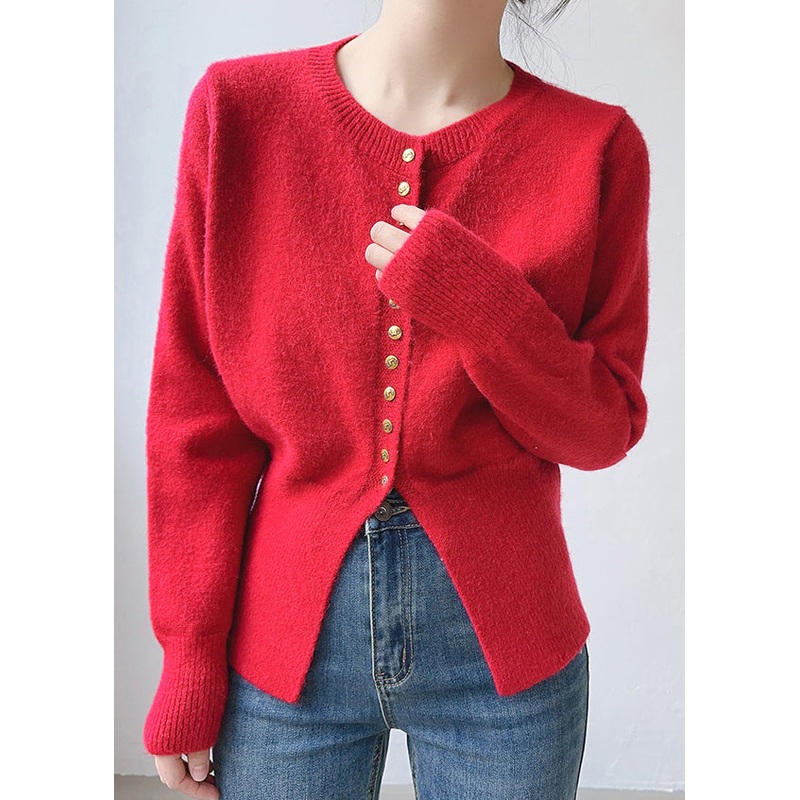 Red Cozy Patchwork Cotton Knit Top O Neck Long Sleeve