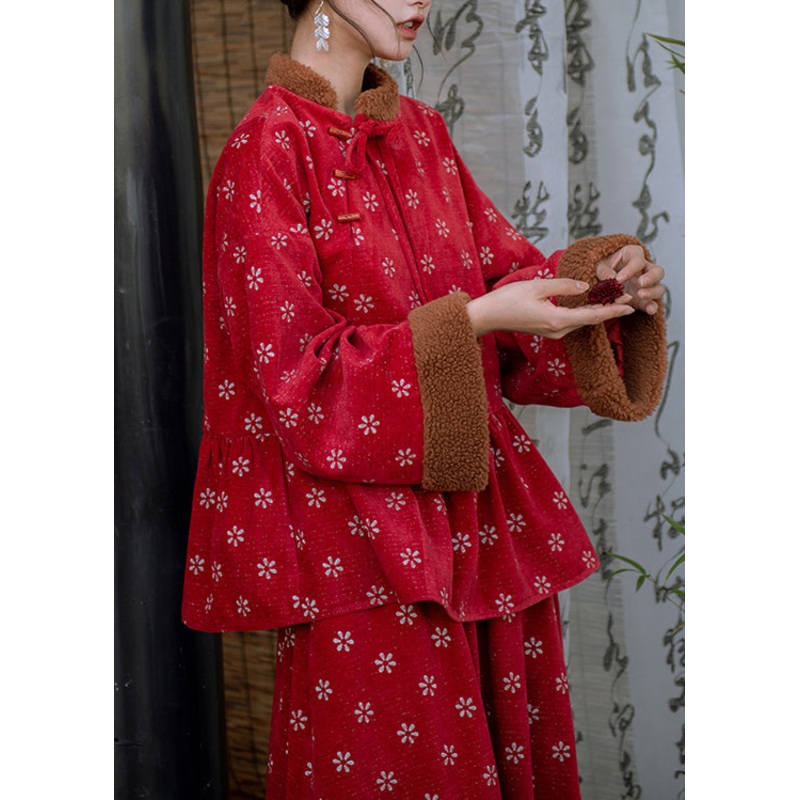 Retro Red Embroidered Patchwork Warm Fleece Sets 2 Pieces Spring