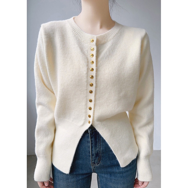 Simple Beige O Neck Button Patchwork Cotton Knit Tops Fall