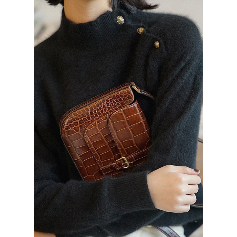 Simple Black O-Neck Button Knit Sweaters Long Sleeve