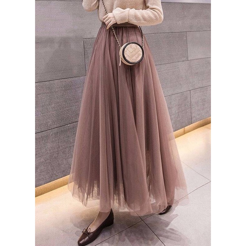 Simple Coffee Solid Elastic Waist Tulle Skirt Spring