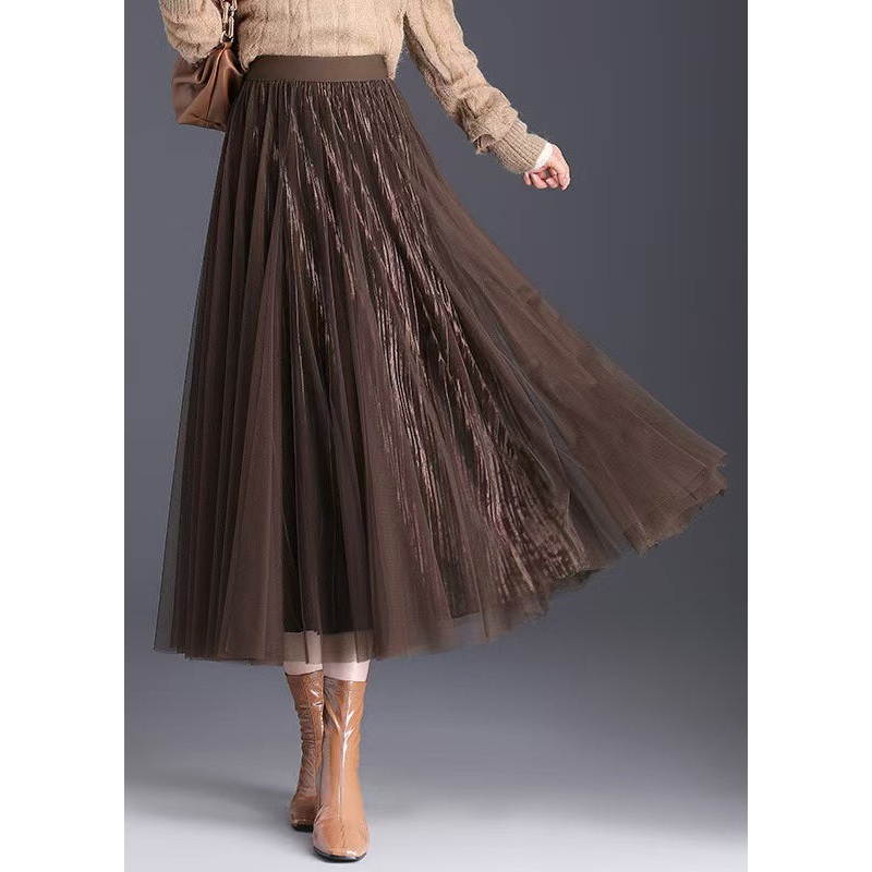 Simple Coffee Wrinkled Elastic Waist Tulle Skirts Spring