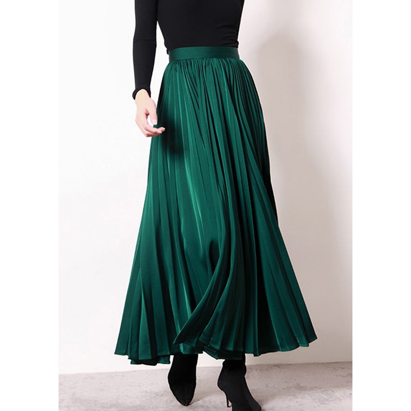 Simple Green Zippered Wrinkled High Waist Silk Skirt Spring