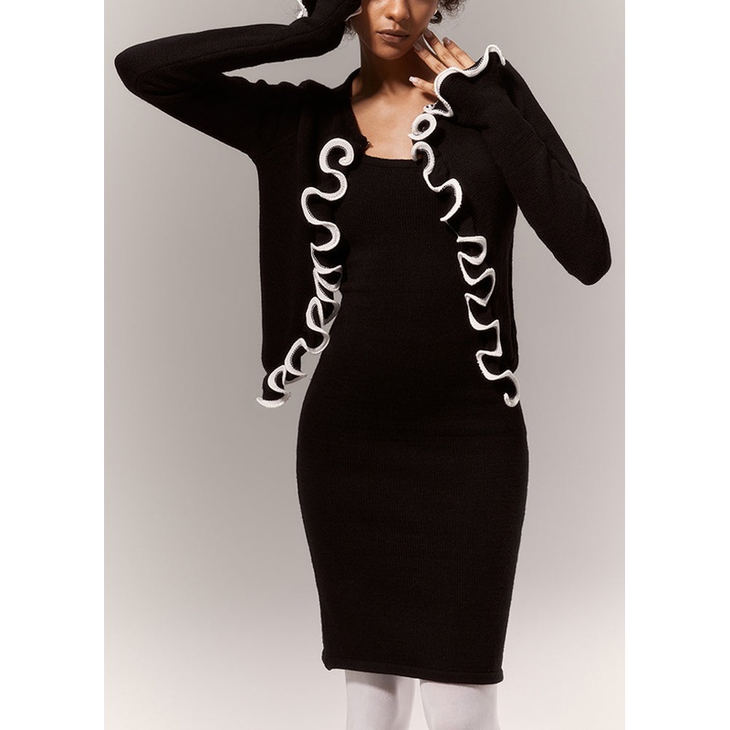 Slim Fit Black Ruffled Knit Two Pieces Set Spring