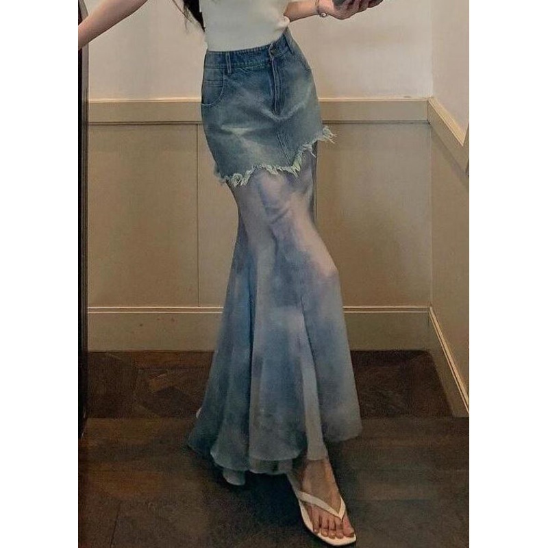 Slim Fit Blue High Waist Patchwork Denim Maxi Skirts Spring