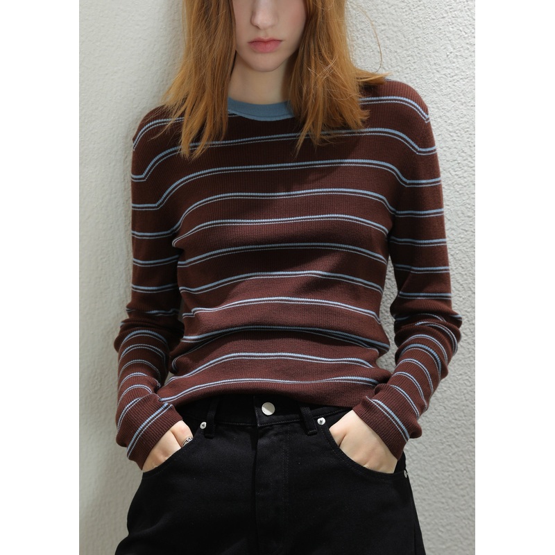 Slim Fit Coffee Striped Patchwork Cozy Knit Tops Fall