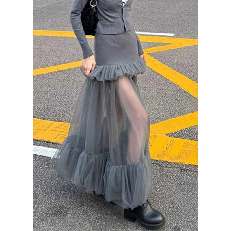 Slim Fit Grey Ruffled Tulle Patchwork Maxi Skirts Spring